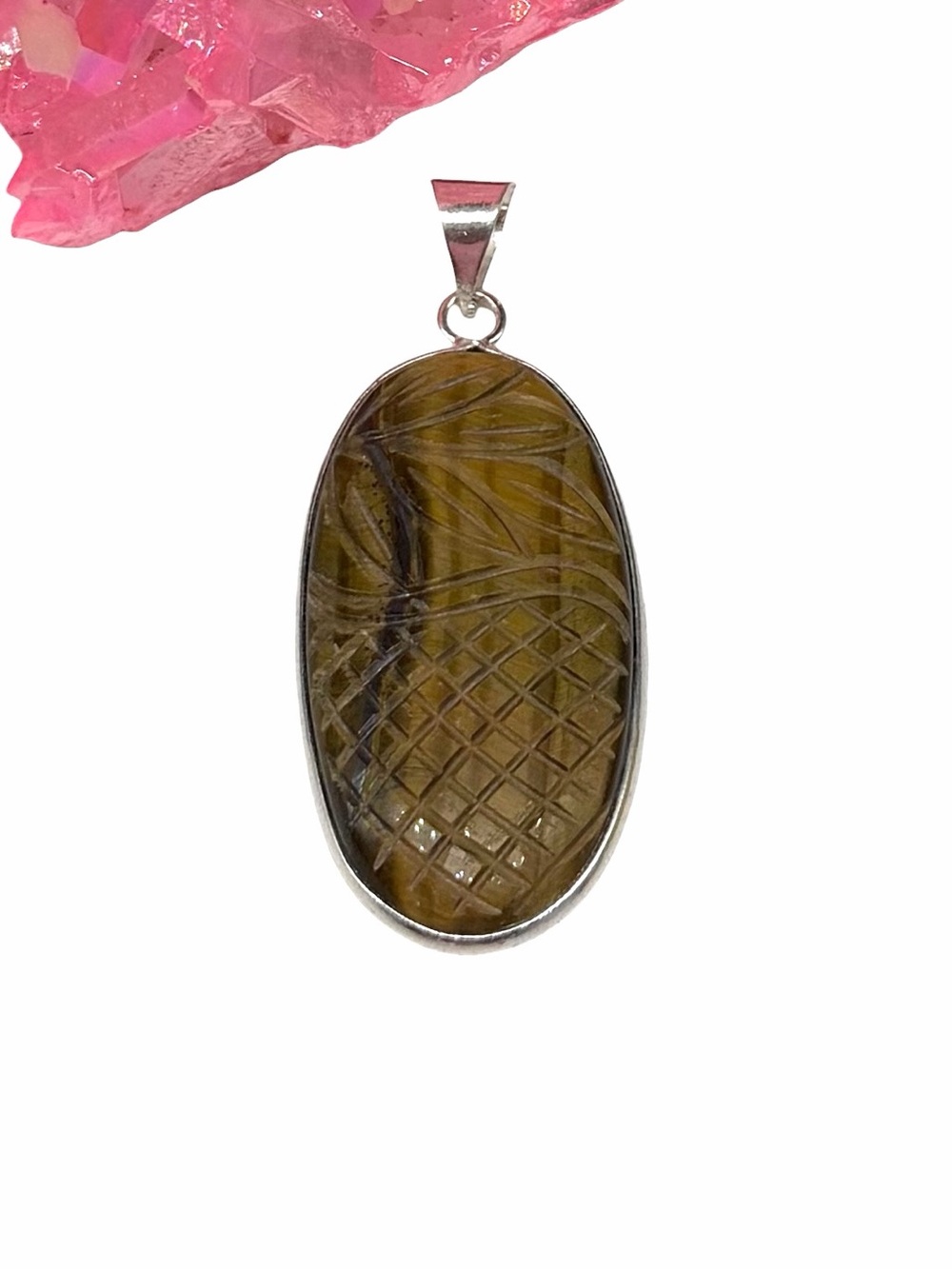 Carved Tiger’s Eye Necklace Pendant 925 Sterling Silver Overlay